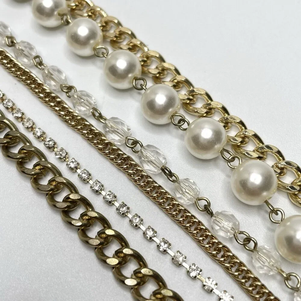 Amazing Gold Tone Fax Pearl Glass Rhinestone Flower Layered Chain Necklace